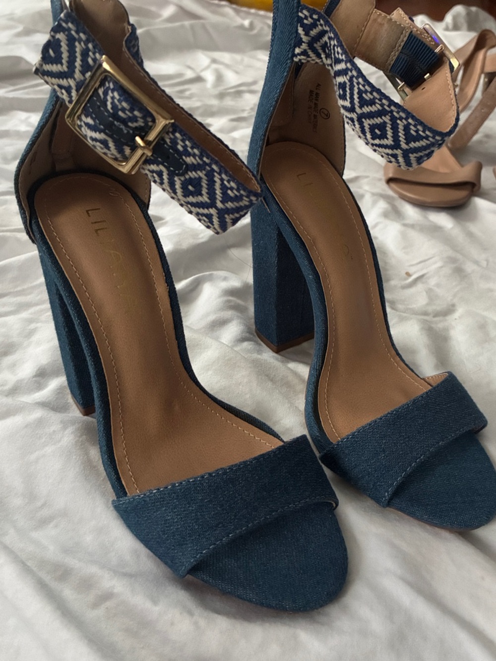 Liliana Blue Denim Block Heel Sandals with Patterned Ankle Strap